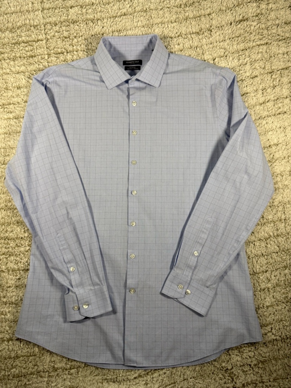 Kenneth Cole Slim Fit Dress Shirt 16.5 Blue Check Non Iron Stretch
